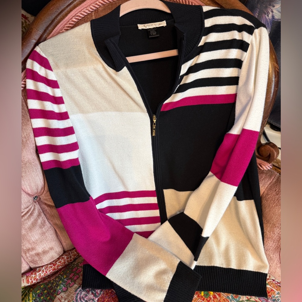 St. John SPORT Zip Up Color Block Cardigan White, Hot Pink and Black sporty prep